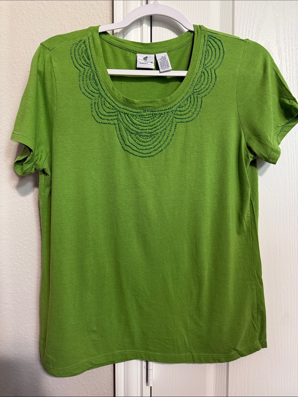 Caribbean Joe Lime Green Short Sleeve Scoop Neck Top with Beaded Detail